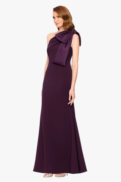 Betsy & Adam "Carmela" Scuba Crepe With Satin Bow Dress - Plum