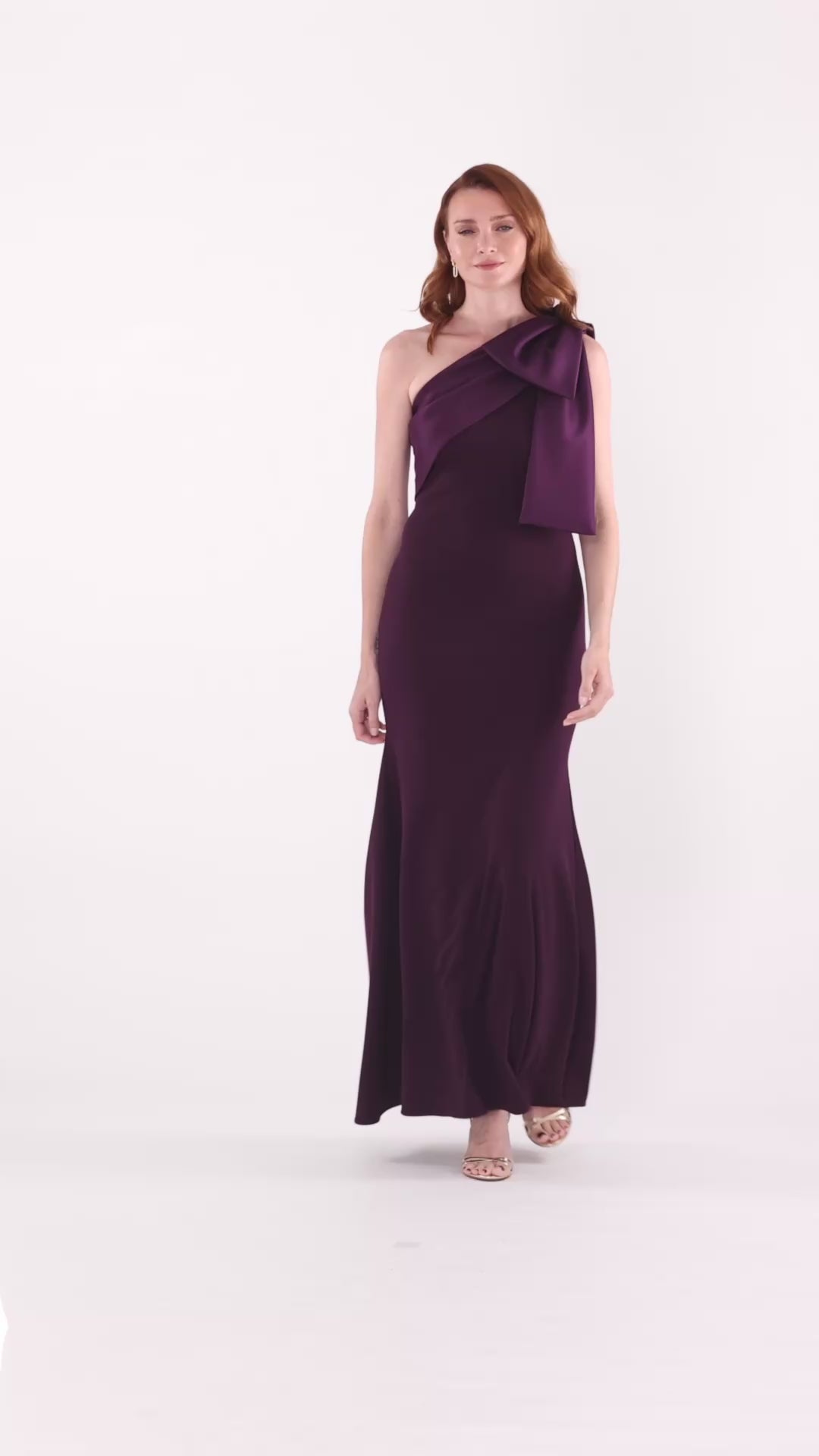Betsy & Adam "Carmela" Scuba Crepe With Satin Bow Dress - Plum