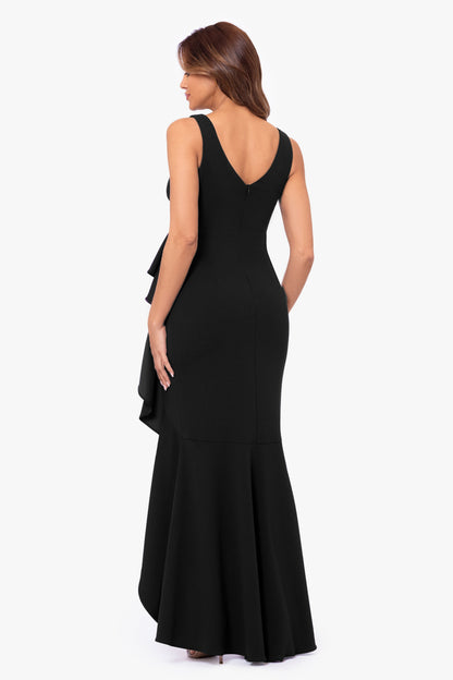Betsy & Adam "Candace" V-Neck Hi Low Cascade Dress - Black
