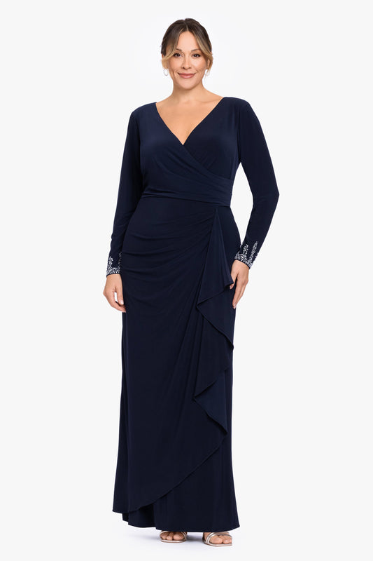 Betsy & Adam Plus "Lenora" Jersey Knit Beaded Long Sleeve V-Neck Dress - Navy/Silver