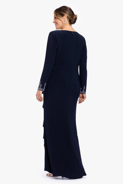 Betsy & Adam Plus "Lenora" Jersey Knit Beaded Long Sleeve V-Neck Dress - Navy/Silver