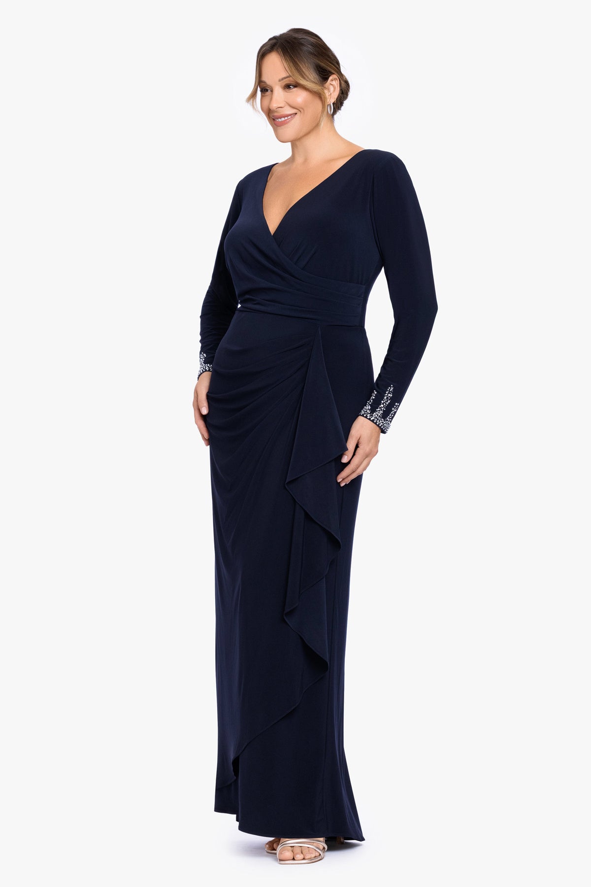 Betsy & Adam Plus "Lenora" Jersey Knit Beaded Long Sleeve V-Neck Dress - Navy/Silver