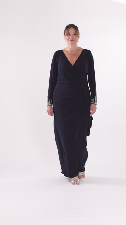 Betsy & Adam Plus "Lenora" Jersey Knit Beaded Long Sleeve V-Neck Dress - Navy/Silver