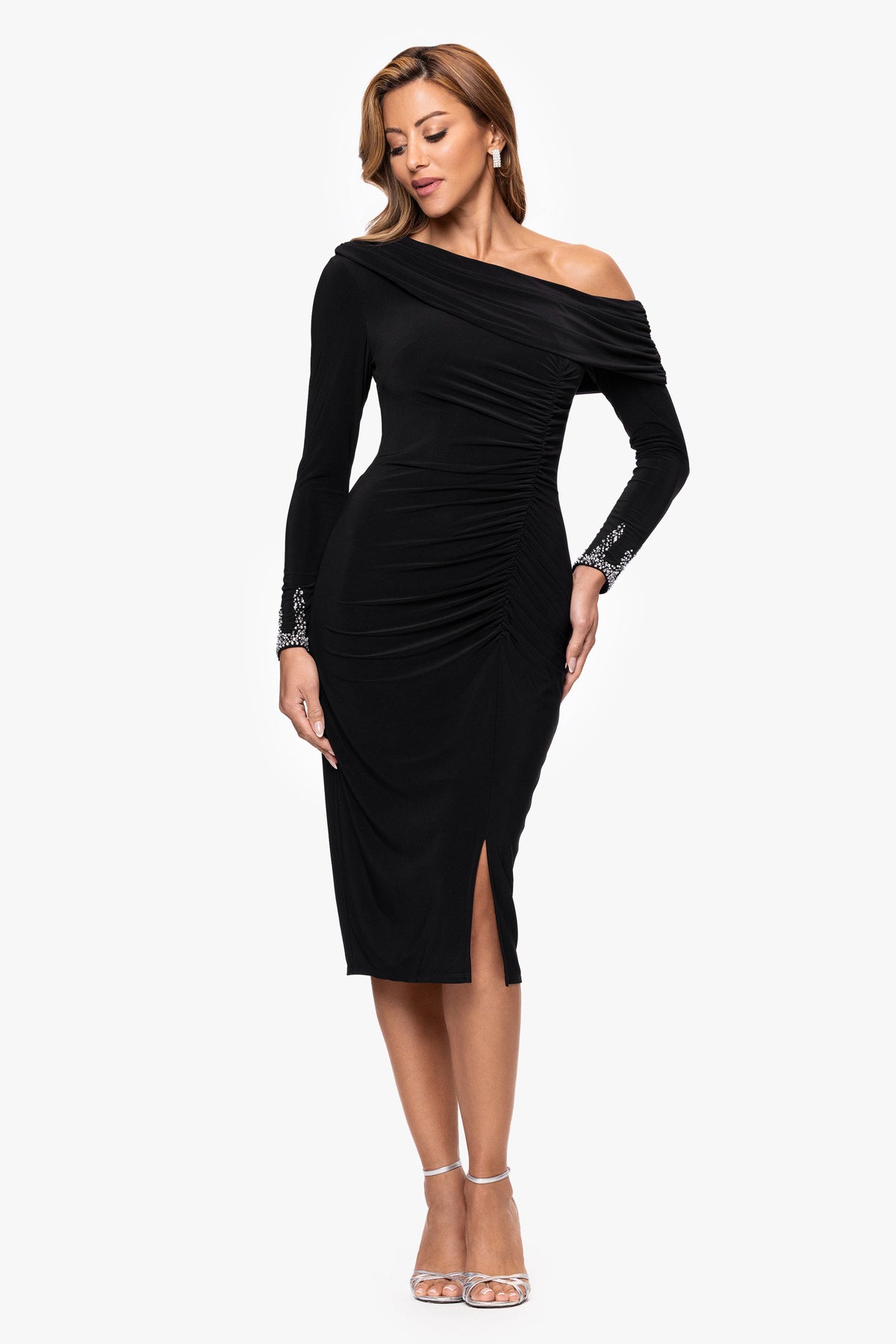 Betsy & Adam "Lydia" Jersey Knit Off The Shoulder Long Sleeve Silver Trim Midi Dress - Black/Silver