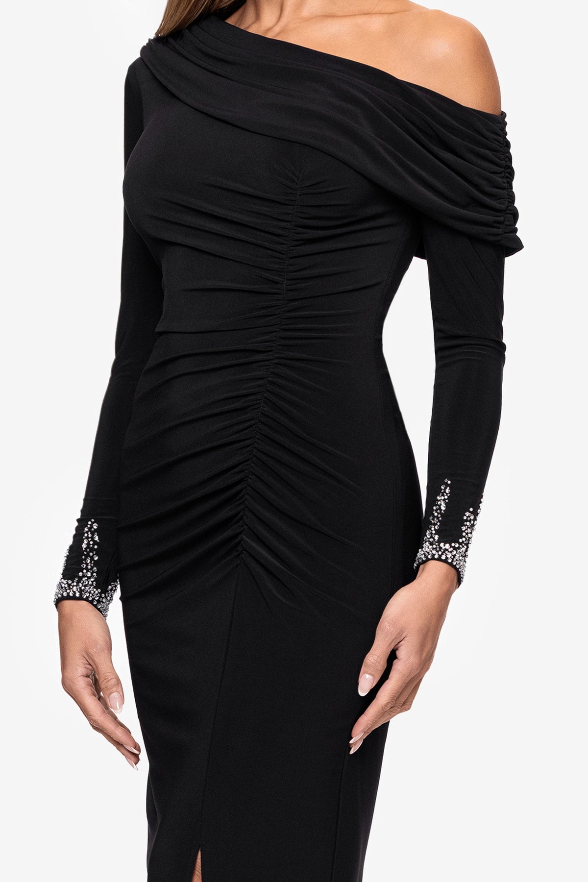 Betsy & Adam "Lydia" Jersey Knit Off The Shoulder Long Sleeve Silver Trim Midi Dress - Black/Silver