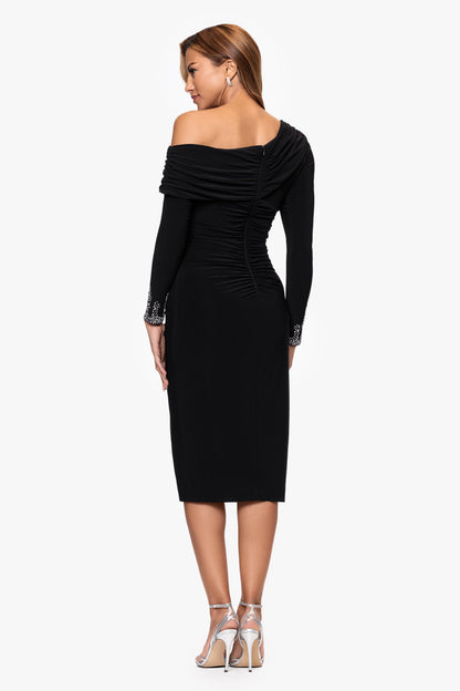 Betsy & Adam "Lydia" Jersey Knit Off The Shoulder Long Sleeve Silver Trim Midi Dress - Black/Silver