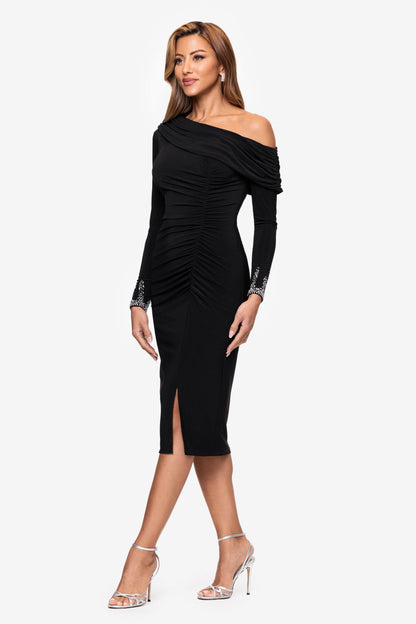 Betsy & Adam "Lydia" Jersey Knit Off The Shoulder Long Sleeve Silver Trim Midi Dress - Black/Silver
