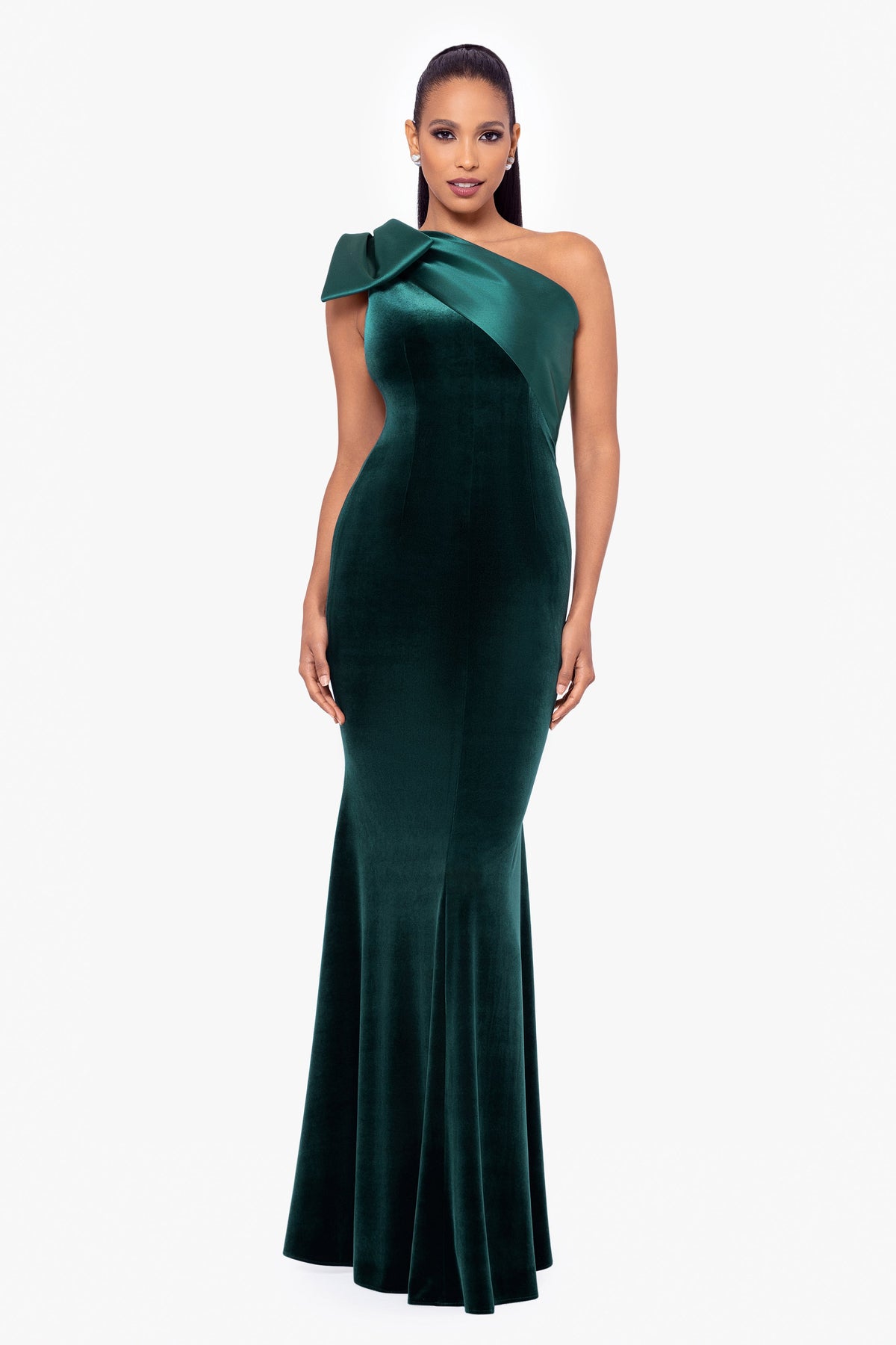 Betsy & Adam "Elena" Velvet One Shoulder & Mikado Bow Dress - Hunter