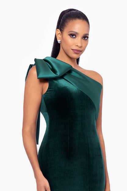 Betsy & Adam "Elena" Velvet One Shoulder & Mikado Bow Dress - Hunter