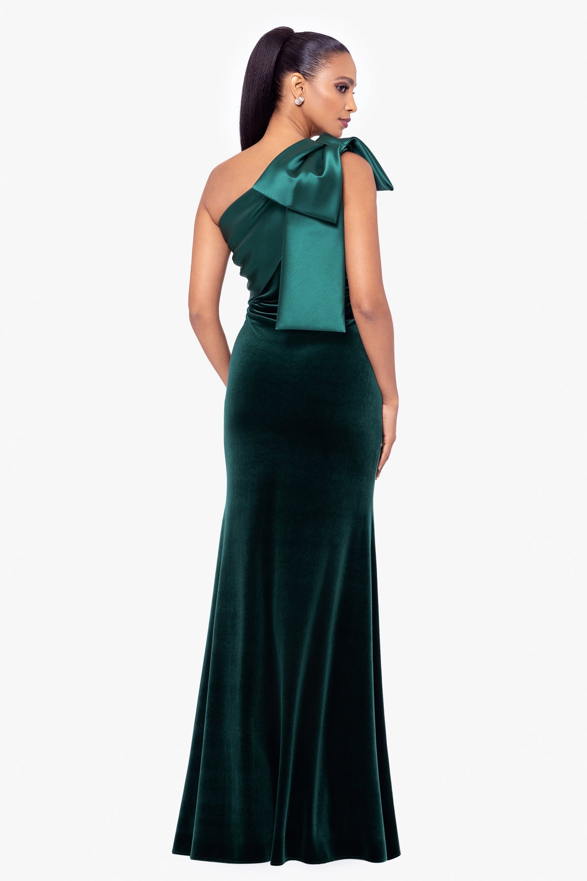Betsy & Adam "Elena" Velvet One Shoulder & Mikado Bow Dress - Hunter