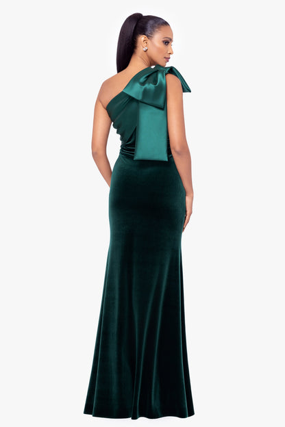 Betsy & Adam "Elena" Velvet One Shoulder & Mikado Bow Dress - Hunter