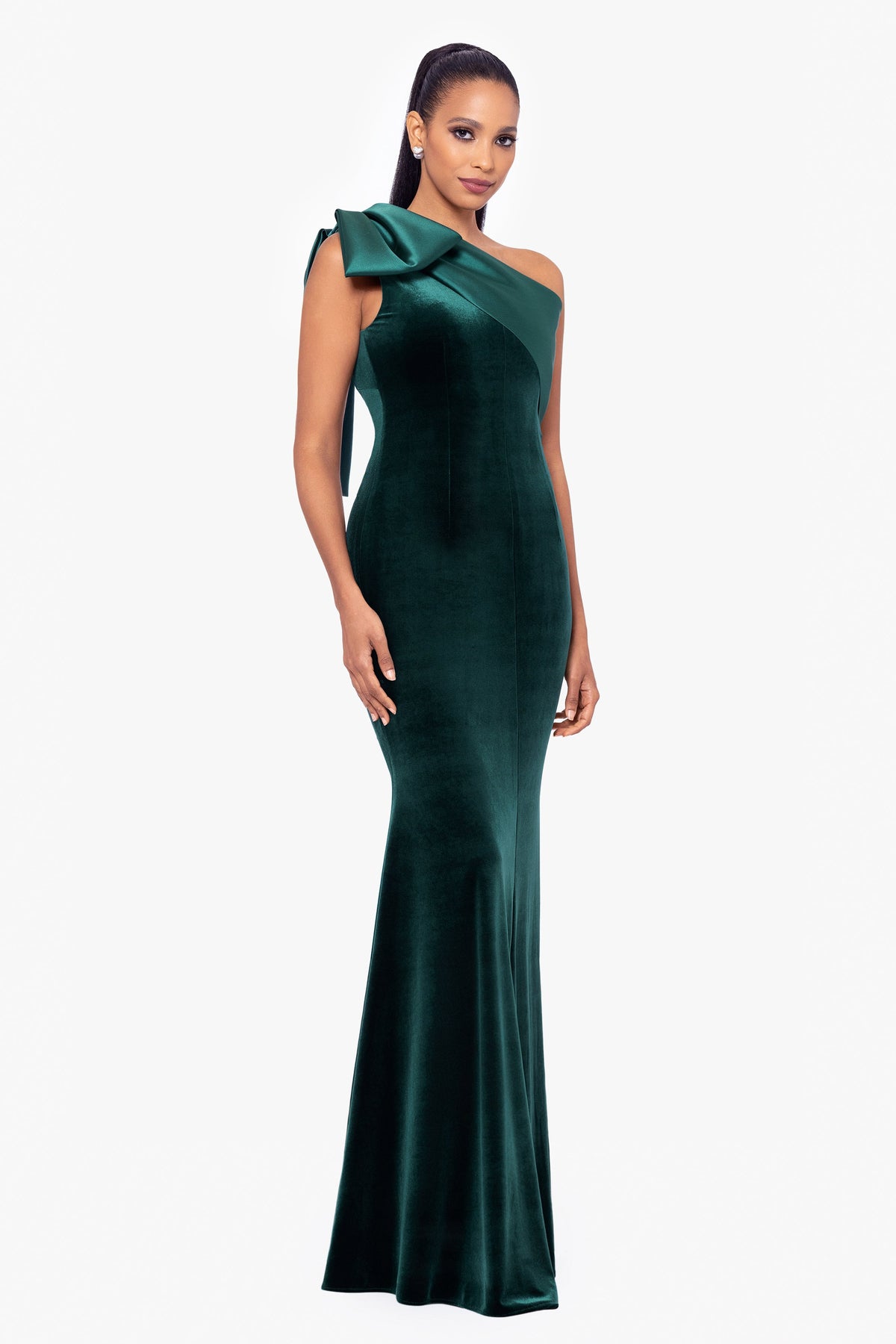 Betsy & Adam "Elena" Velvet One Shoulder & Mikado Bow Dress - Hunter