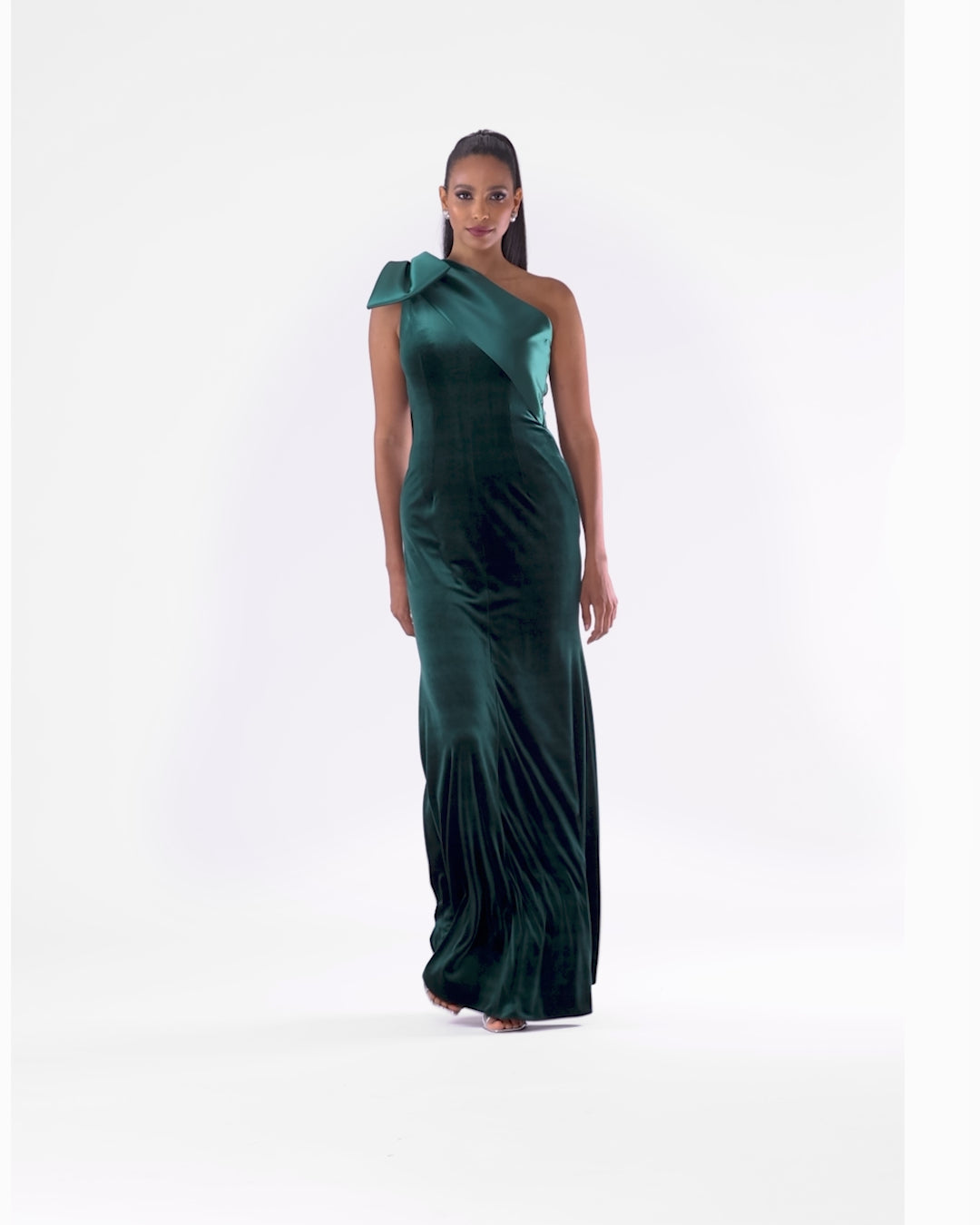 Betsy & Adam "Elena" Velvet One Shoulder & Mikado Bow Dress - Hunter