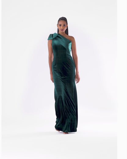 Betsy & Adam "Elena" Velvet One Shoulder & Mikado Bow Dress - Hunter