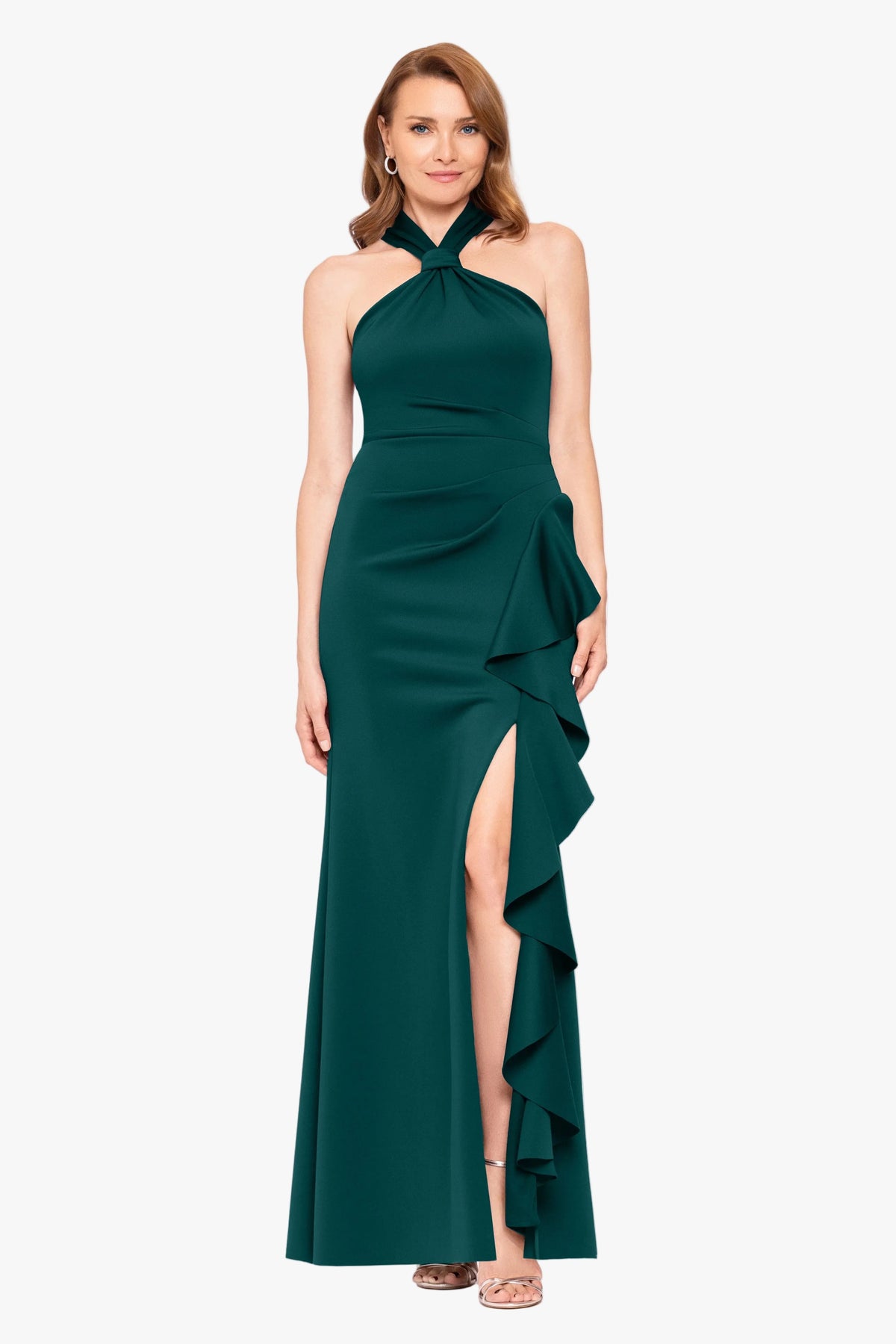 Betsy & Adam "Hazel" Scuba Crepe Knotted Neck Side Ruffle Dress - Hunter