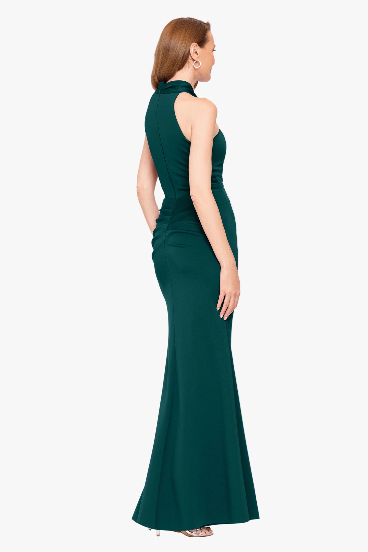 Betsy & Adam "Hazel" Scuba Crepe Knotted Neck Side Ruffle Dress - Hunter