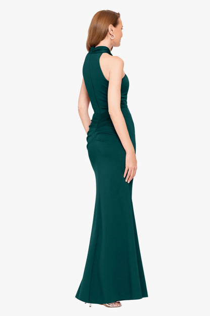 Betsy & Adam "Hazel" Scuba Crepe Knotted Neck Side Ruffle Dress - Hunter