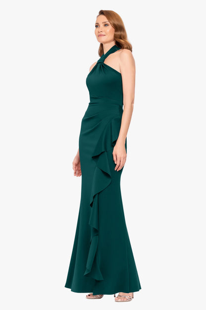 Betsy & Adam "Hazel" Scuba Crepe Knotted Neck Side Ruffle Dress - Hunter
