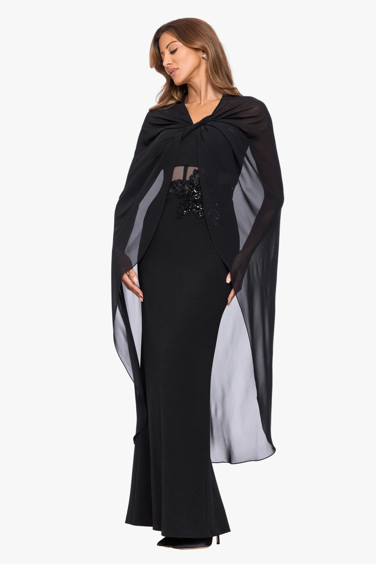 Betsy & Adam "Rose" Chiffon Twist Knot Long Cape - Black