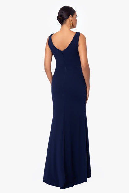 Betsy & Adam "Christine" Scuba Crepe Ruffled Bow Dress - Navy