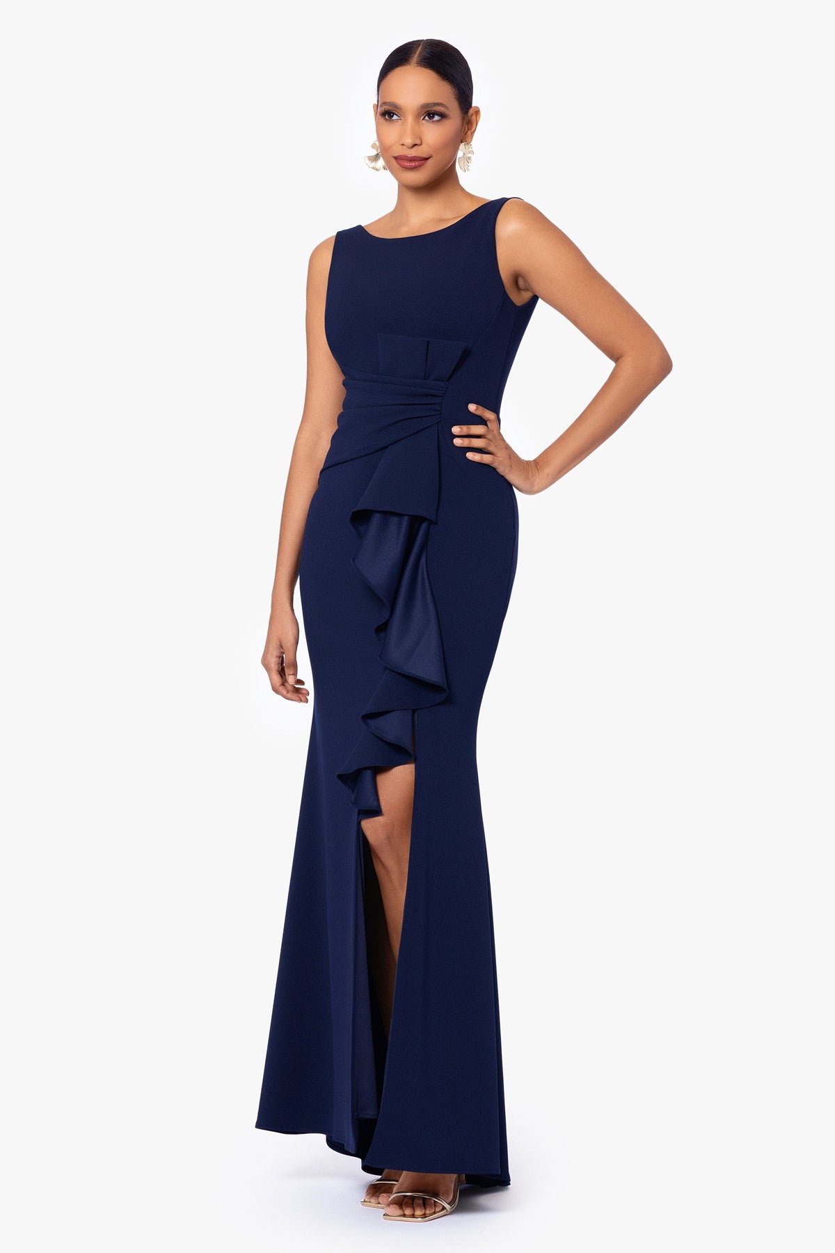 Betsy & Adam "Christine" Scuba Crepe Ruffled Bow Dress - Navy