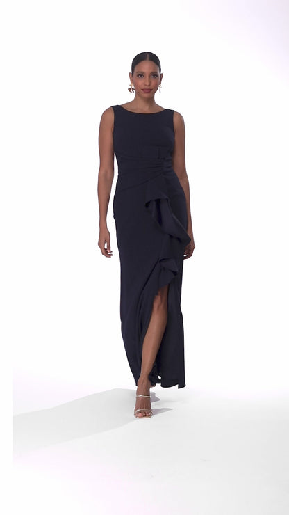 Betsy & Adam "Christine" Scuba Crepe Ruffled Bow Dress - Navy