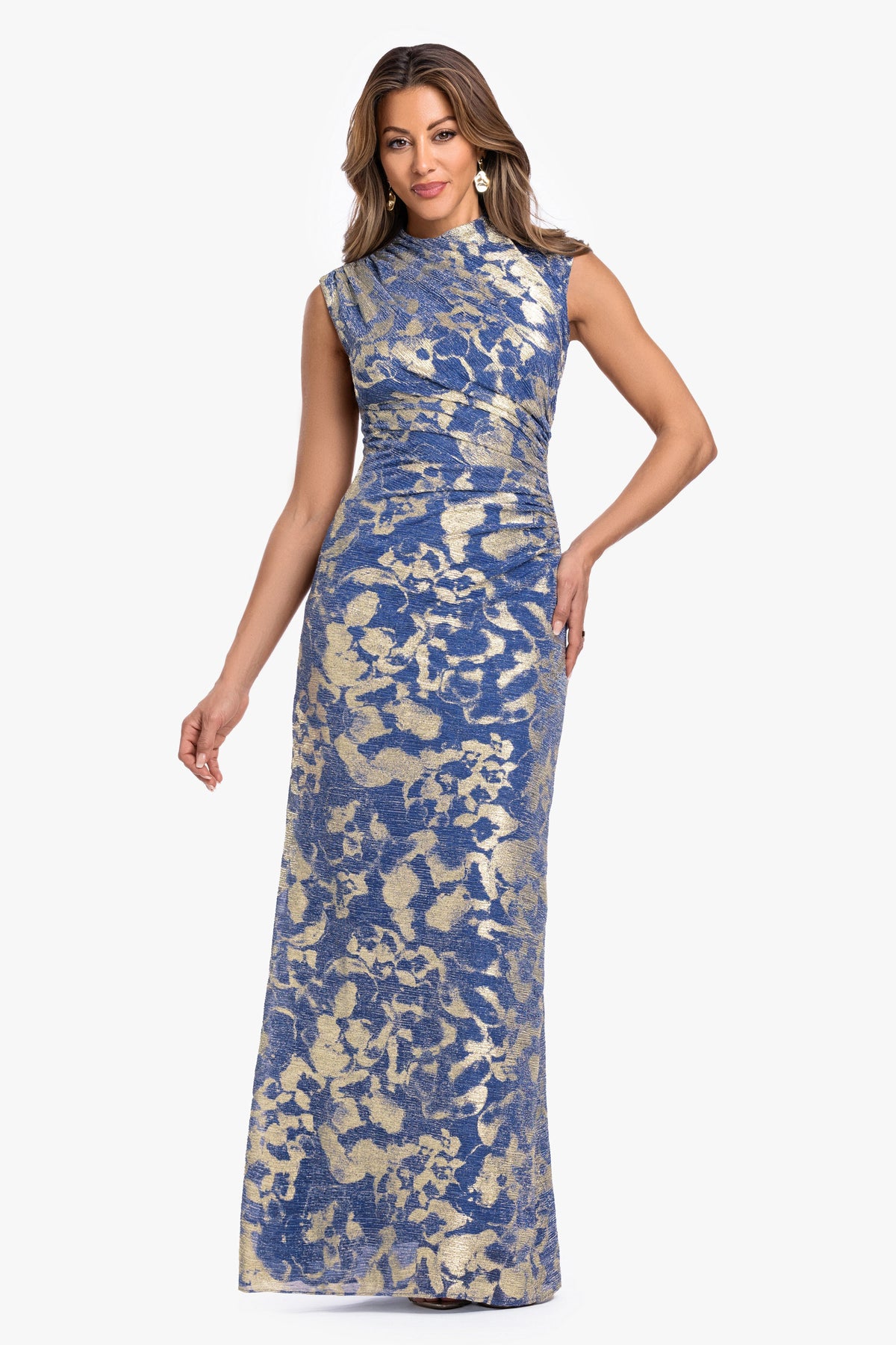 Betsy & Adam Petite "Cory" Metallic Print Ruched Dress - Slate/Gold