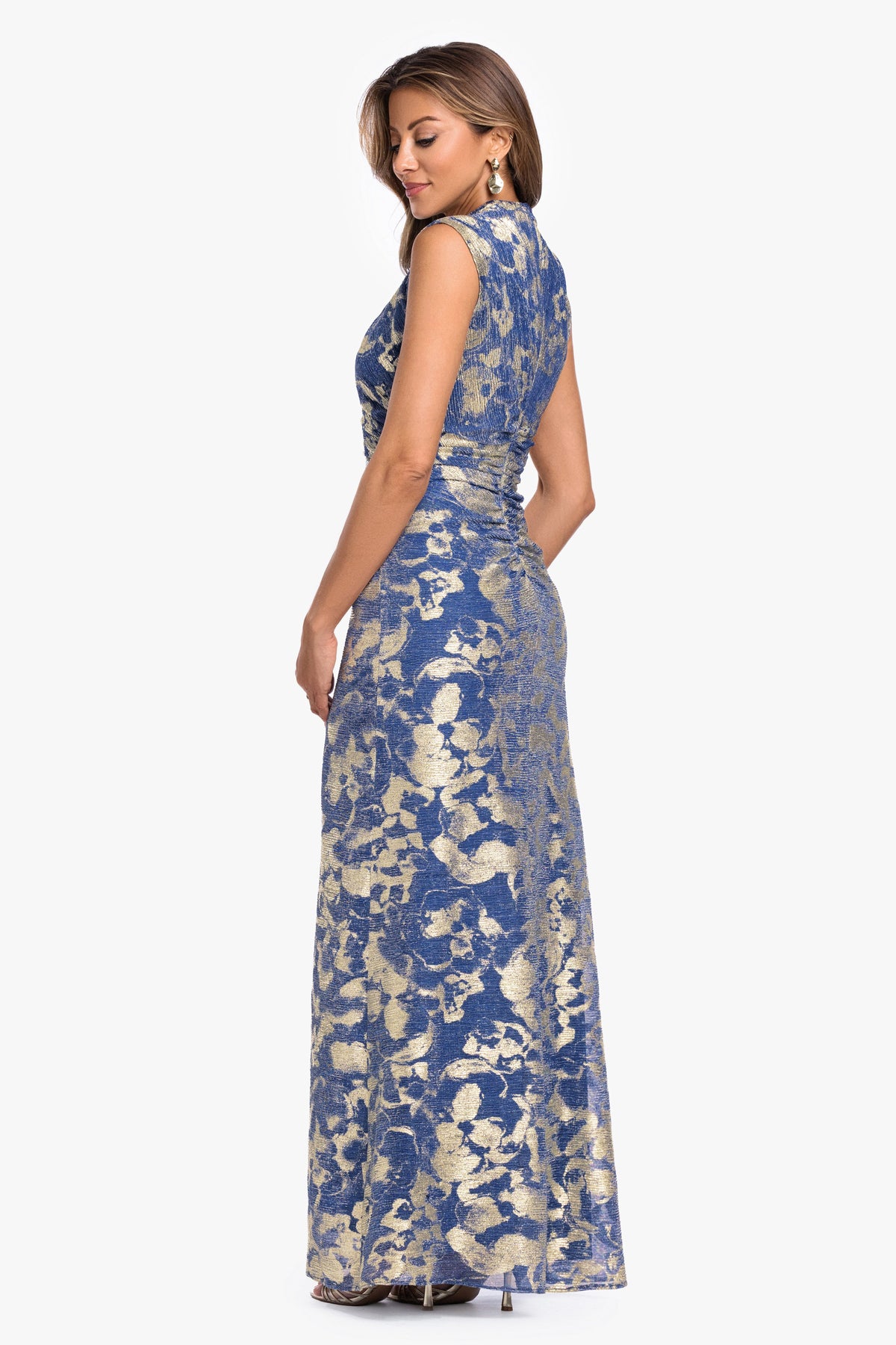 Betsy & Adam Petite "Cory" Metallic Print Ruched Dress - Slate/Gold
