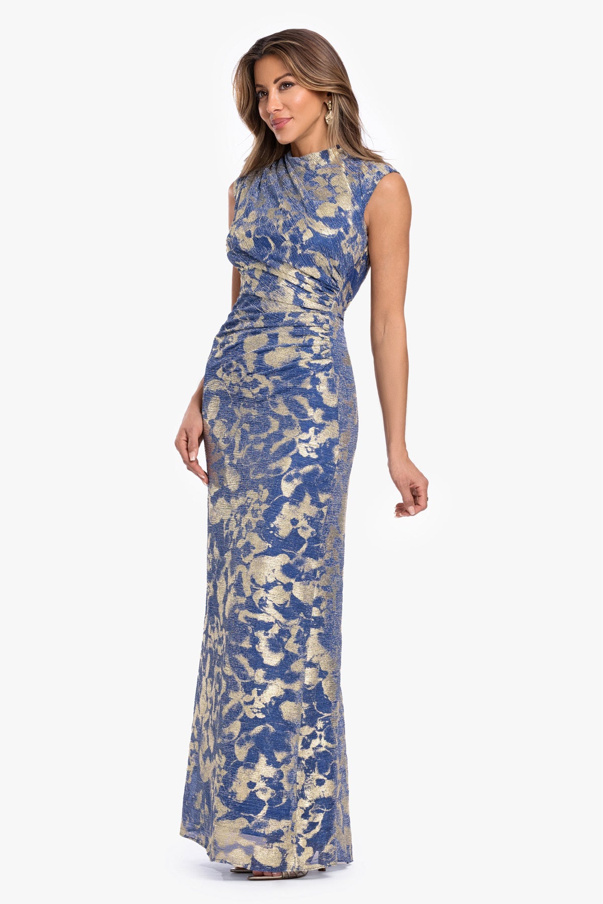 Betsy & Adam Petite "Cory" Metallic Print Ruched Dress - Slate/Gold