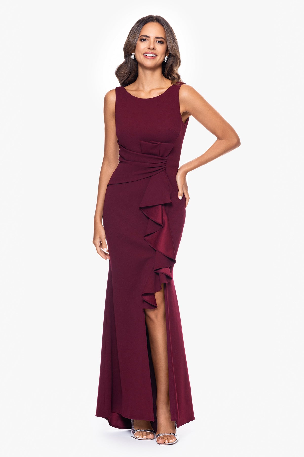 Betsy & Adam "Christine" Scuba Crepe Ruffled Bow Dress - Bordeaux