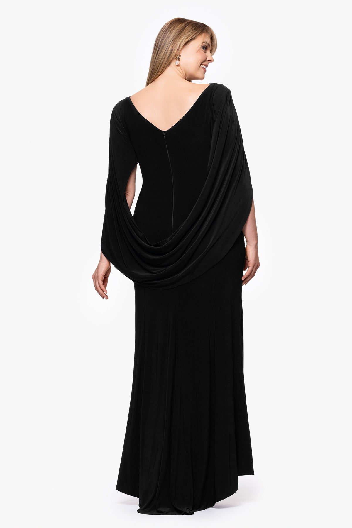 Betsy & Adam Plus “Miriam” Jersey Knit Draped Back Dress - Black