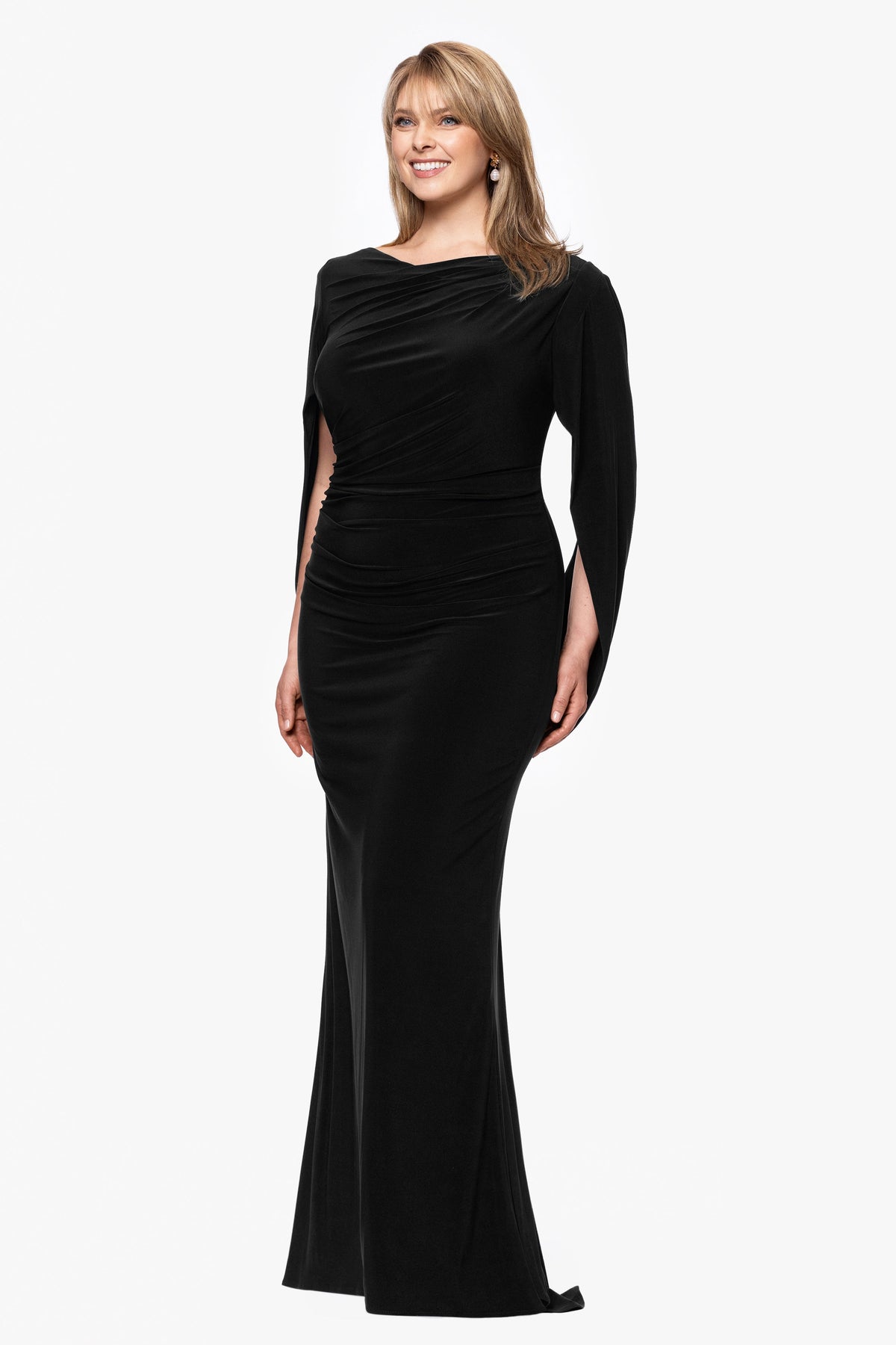 Betsy & Adam Plus “Miriam” Jersey Knit Draped Back Dress - Black