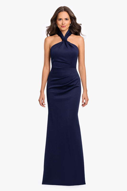 Betsy & Adam "Mae" Techno Scuba Knotted Halter Neck Dress - Navy