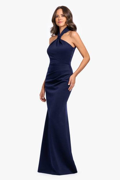Betsy & Adam "Mae" Techno Scuba Knotted Halter Neck Dress - Navy