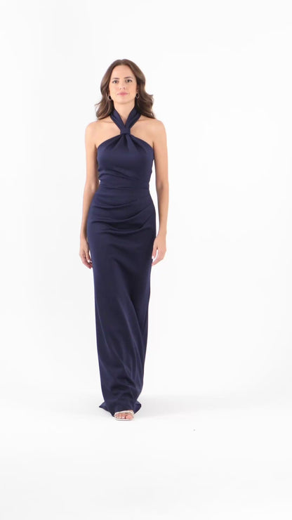 Betsy & Adam "Mae" Techno Scuba Knotted Halter Neck Dress - Navy