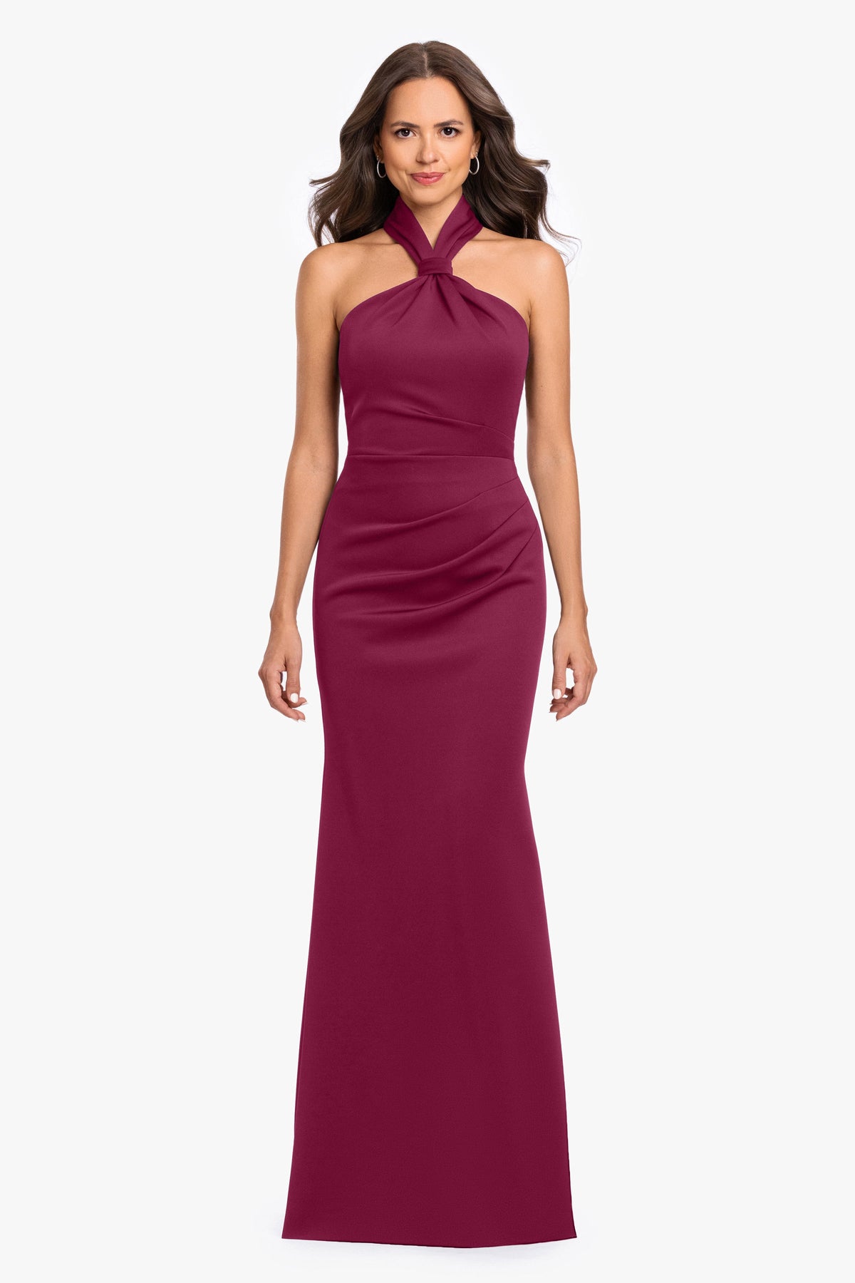 Betsy & Adam "Mae" Techno Scuba Knotted Halter Neck Dress - Wine