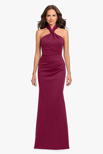 Betsy & Adam "Mae" Techno Scuba Knotted Halter Neck Dress - Wine