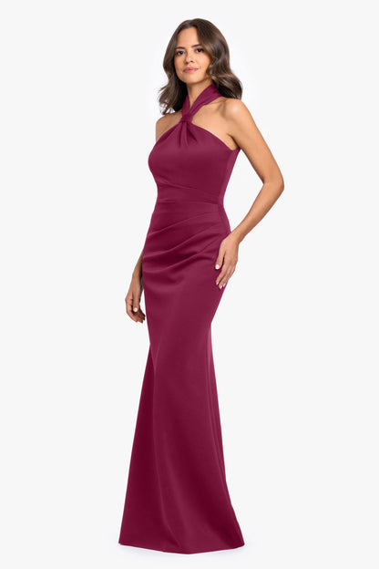 Betsy & Adam "Mae" Techno Scuba Knotted Halter Neck Dress - Wine