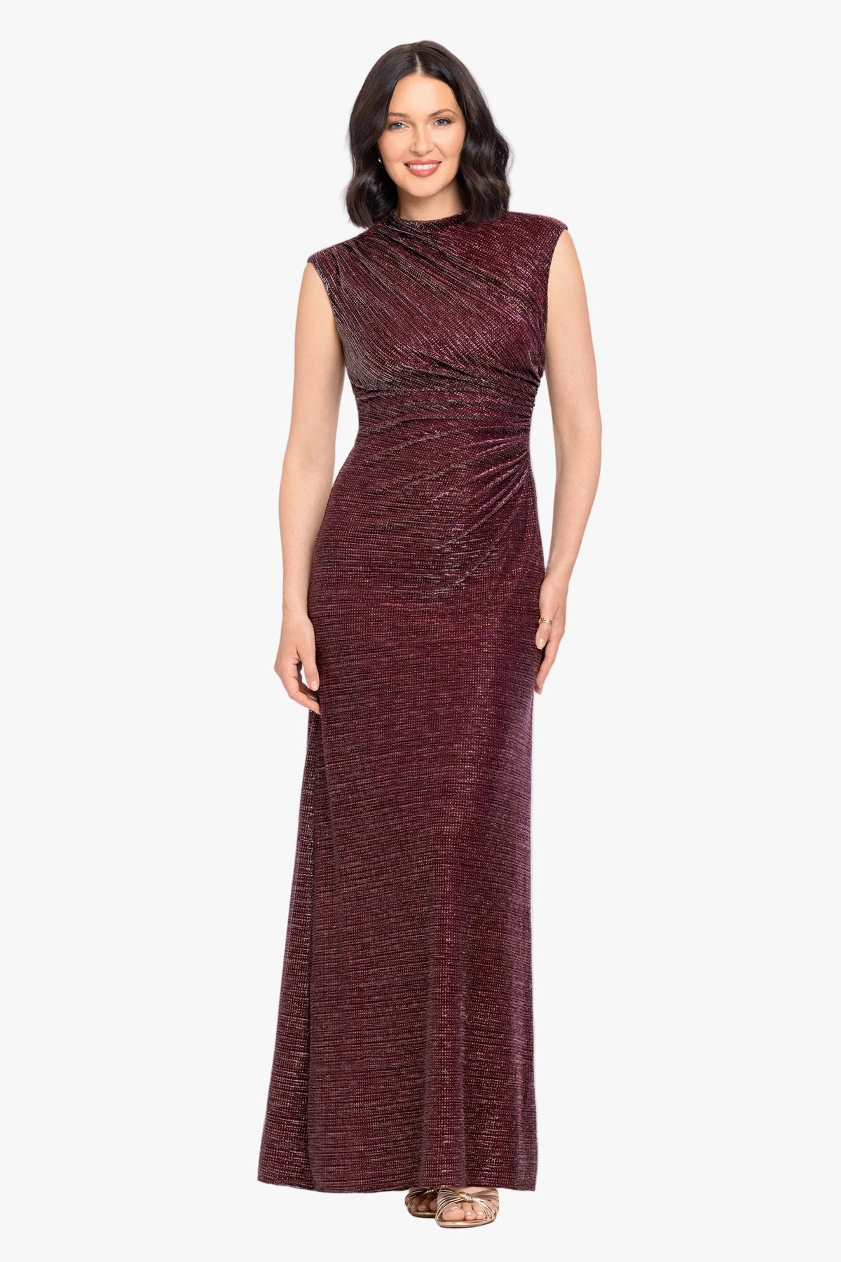 Betsy & Adam "Nicole" Glitter Crinkle Mock Neck Dress - Wine/Gold