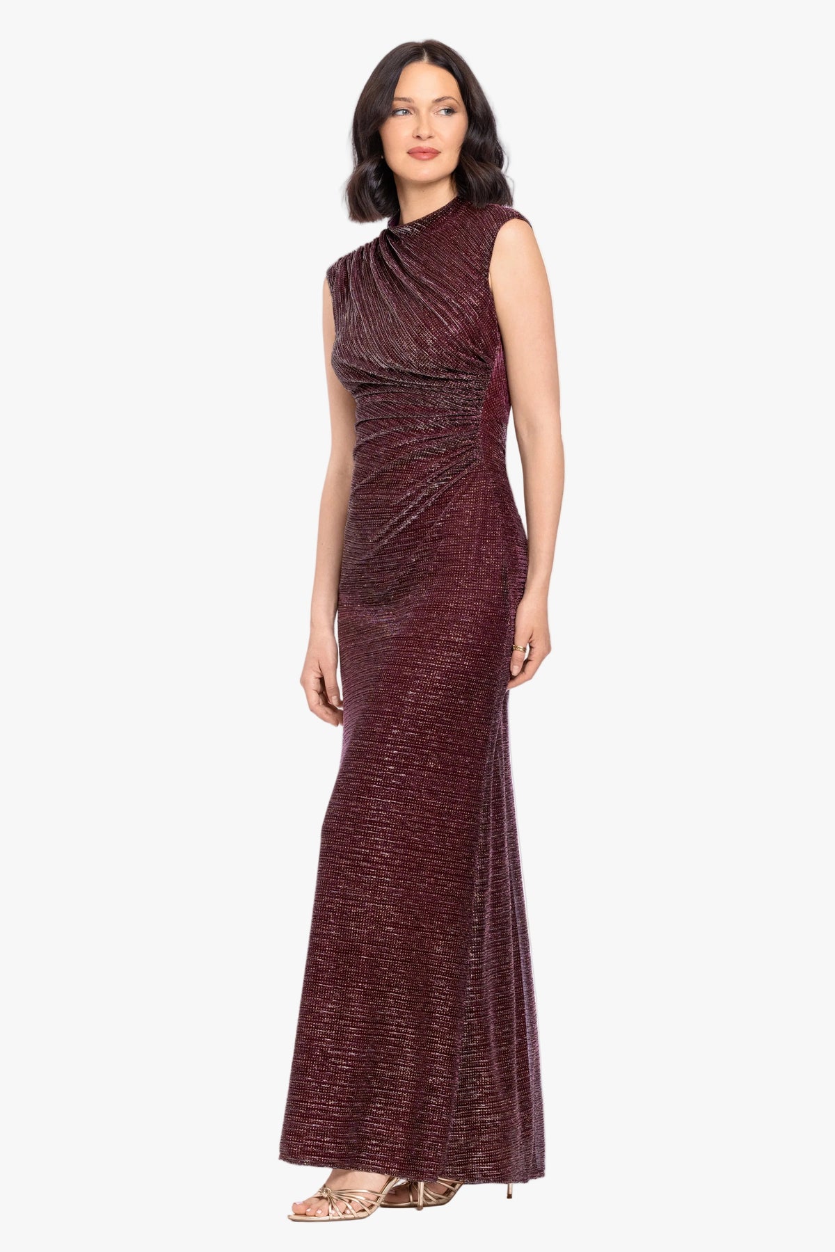 Betsy & Adam "Nicole" Glitter Crinkle Mock Neck Dress - Wine/Gold