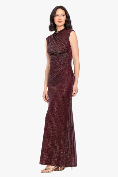 Betsy & Adam "Nicole" Glitter Crinkle Mock Neck Dress - Wine/Gold