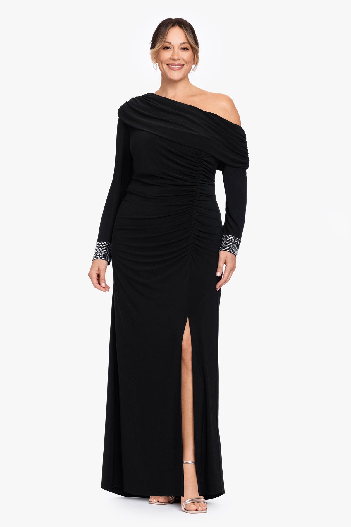 Betsy & Adam Plus "Crystal" Jersey Knit Beaded Cuff Sleeve Dress - Black/Silver