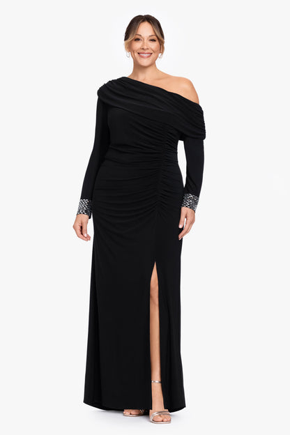 Betsy & Adam Plus "Crystal" Jersey Knit Beaded Cuff Sleeve Dress - Black/Silver