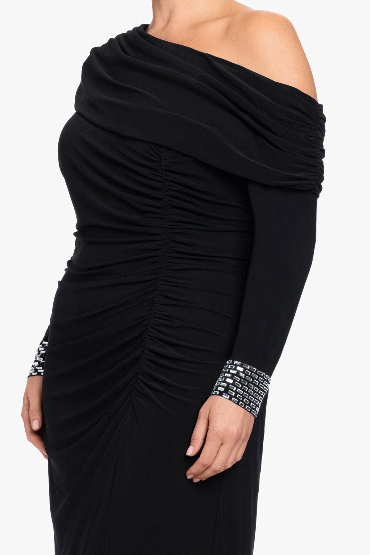 Betsy & Adam Plus "Crystal" Jersey Knit Beaded Cuff Sleeve Dress - Black/Silver