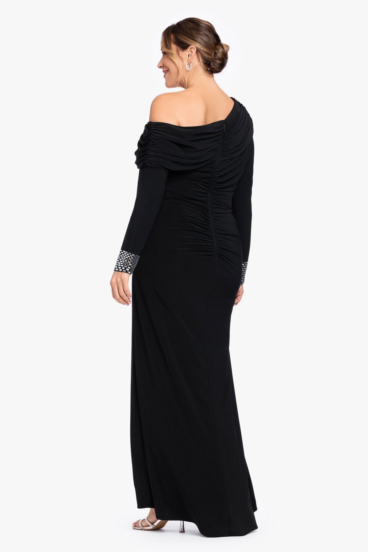 Betsy & Adam Plus "Crystal" Jersey Knit Beaded Cuff Sleeve Dress - Black/Silver