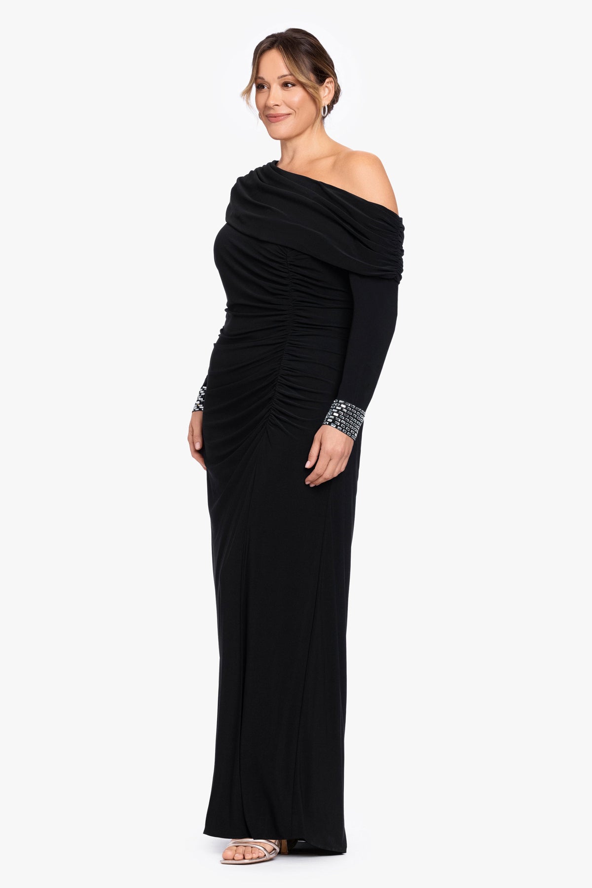 Betsy & Adam Plus "Crystal" Jersey Knit Beaded Cuff Sleeve Dress - Black/Silver