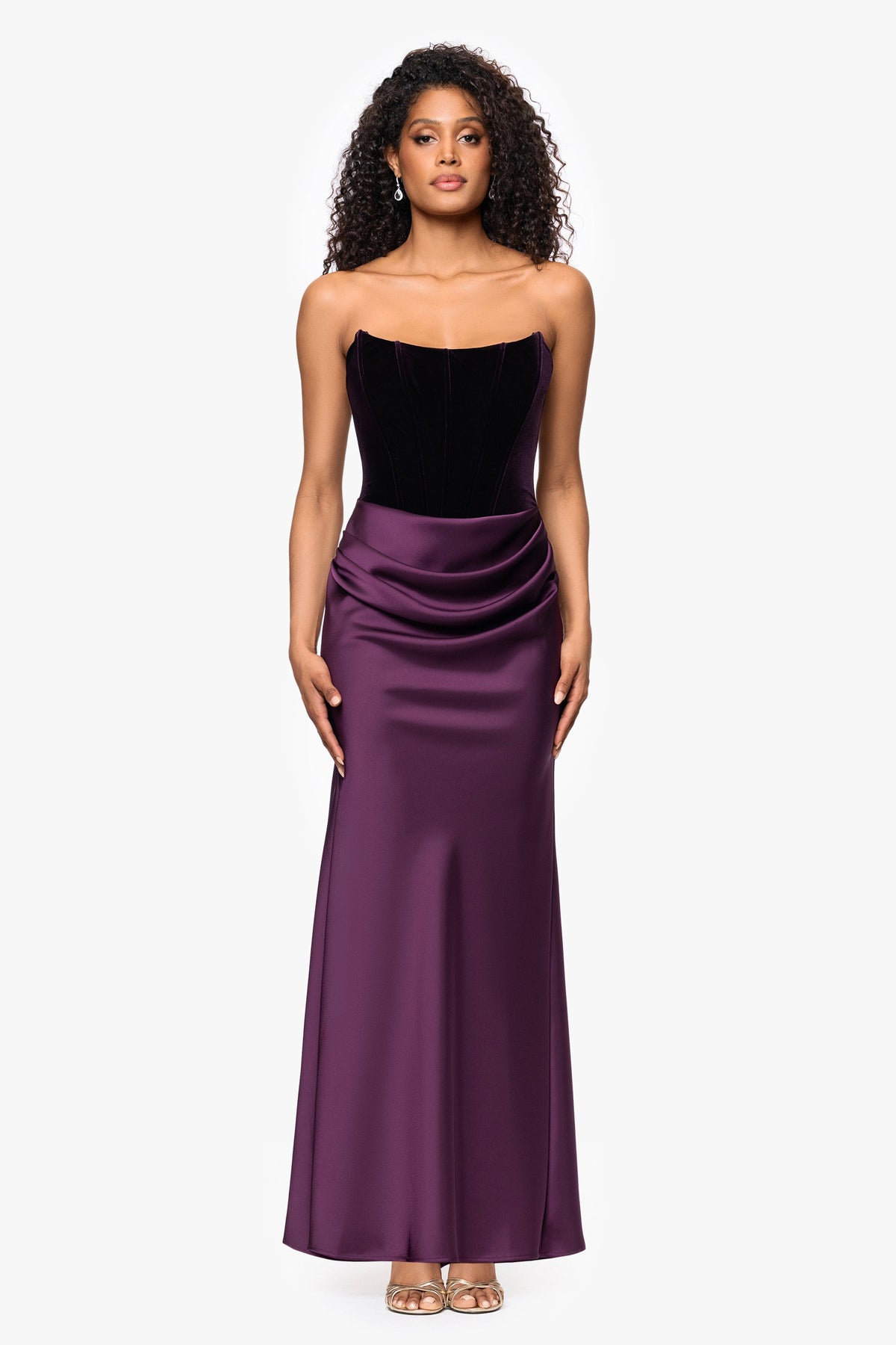 Betsy & Adam "Lynn" Velvet & Satin Strapless Gown - Plum
