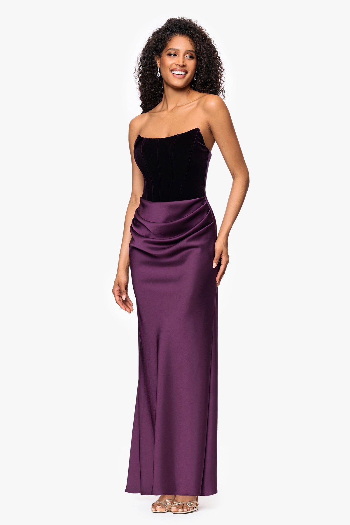 Betsy & Adam "Lynn" Velvet & Satin Strapless Gown - Plum