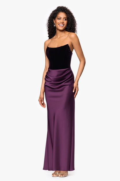 Betsy & Adam "Lynn" Velvet & Satin Strapless Gown - Plum