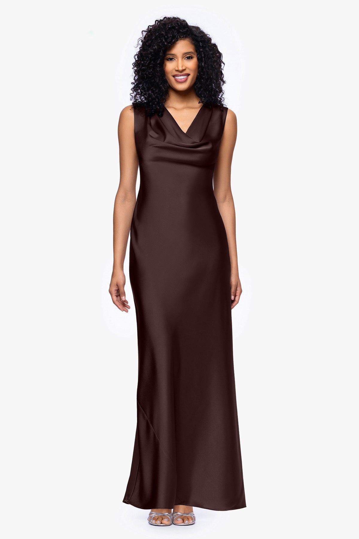 Betsy & Adam "Amberly" Satin Drape Neck Dress - Brown